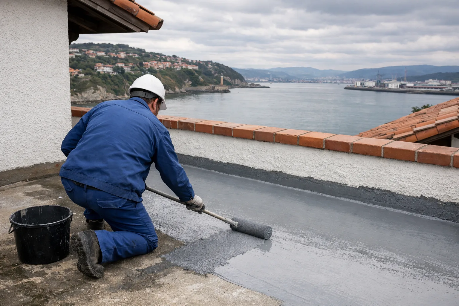 Impermeabilización en Getxo: pide presupuesto. Operario aplicando con rodillo una membrana impermeabilizante gris sobre una terraza con vistas a la ría